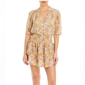 AQUA RETRO FLORAL PRINT SMOCKED DRESS, Yellow/Gold, Size Small